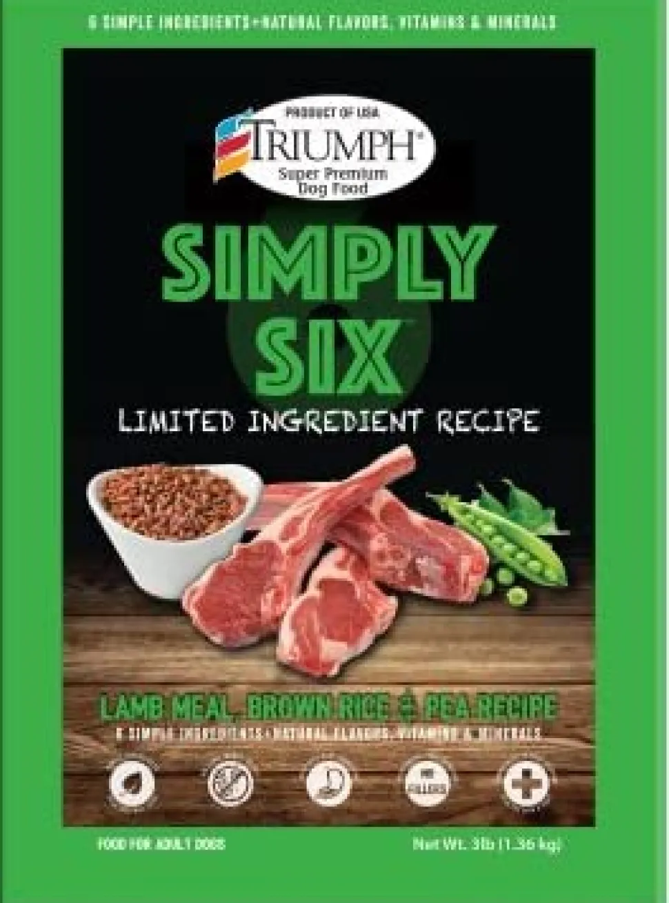 Triumph Simply Six Lamb Meal, Brown Rice & Pea (6 per bale) Dry Dog Food - 3 lb Bag