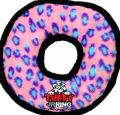 Tuffy's Junior Ring Leopard-Patterned Float and Squeak Nylon and Plush Fetch Dog Toy - Pink - Small