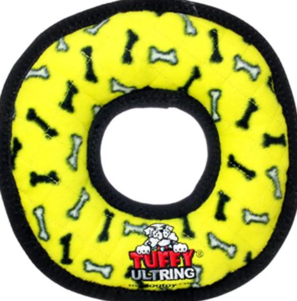 Tuffy's Ultimate Ring Bone-Patterned Float and Squeak Nylon and Plush Fetch Dog Toy - Yellow