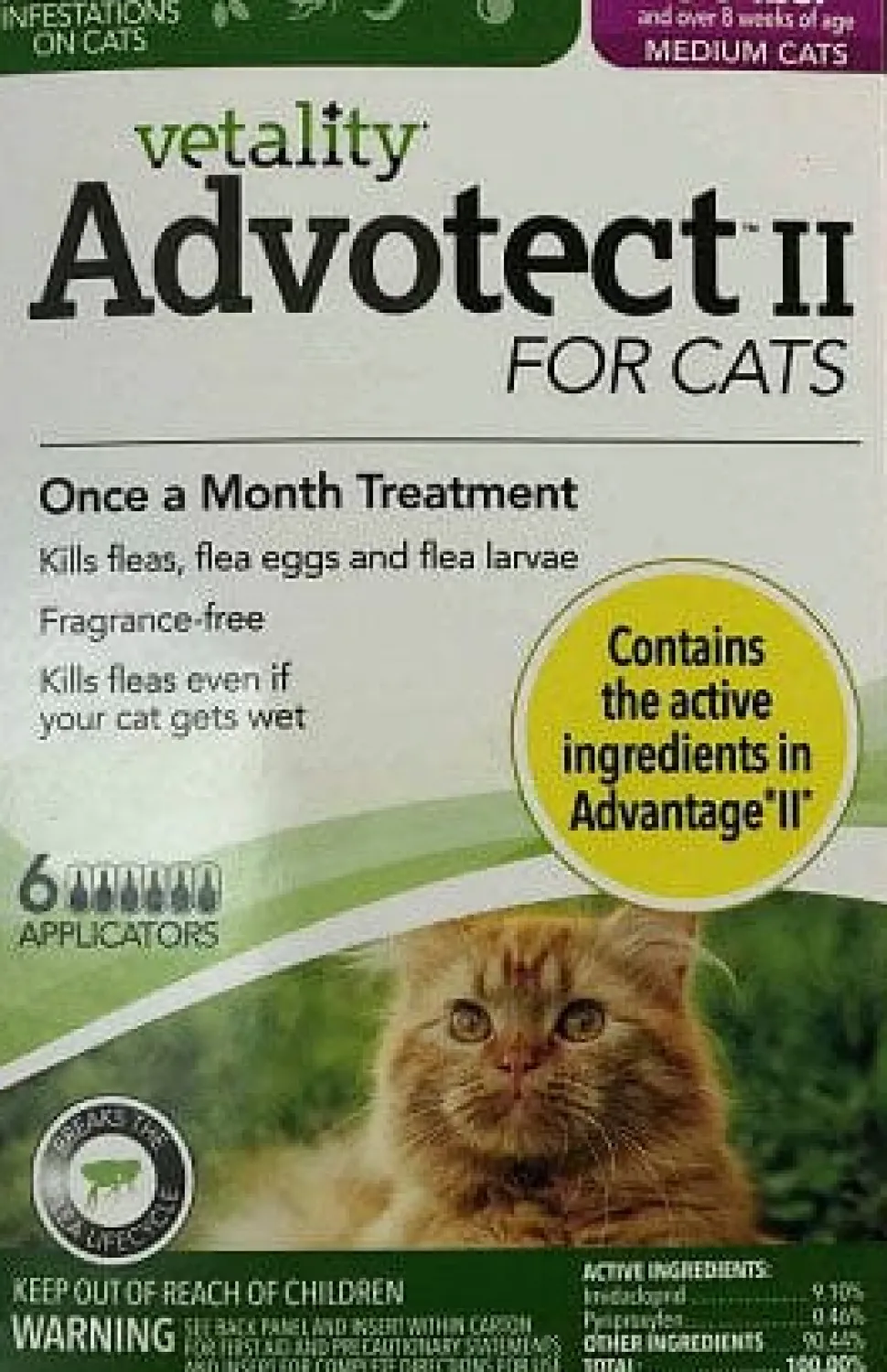 Vetality Advotect II Topical Flea and Tick for Cats - 9+Lbs - 6 Pack
