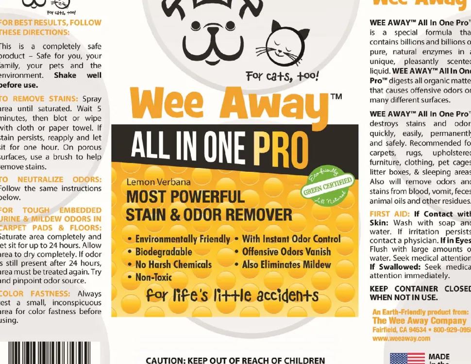 Wee Away All In One Pro - Lemon Cat and Dog Stain and Odor Eliminator - 8 oz Bottle
