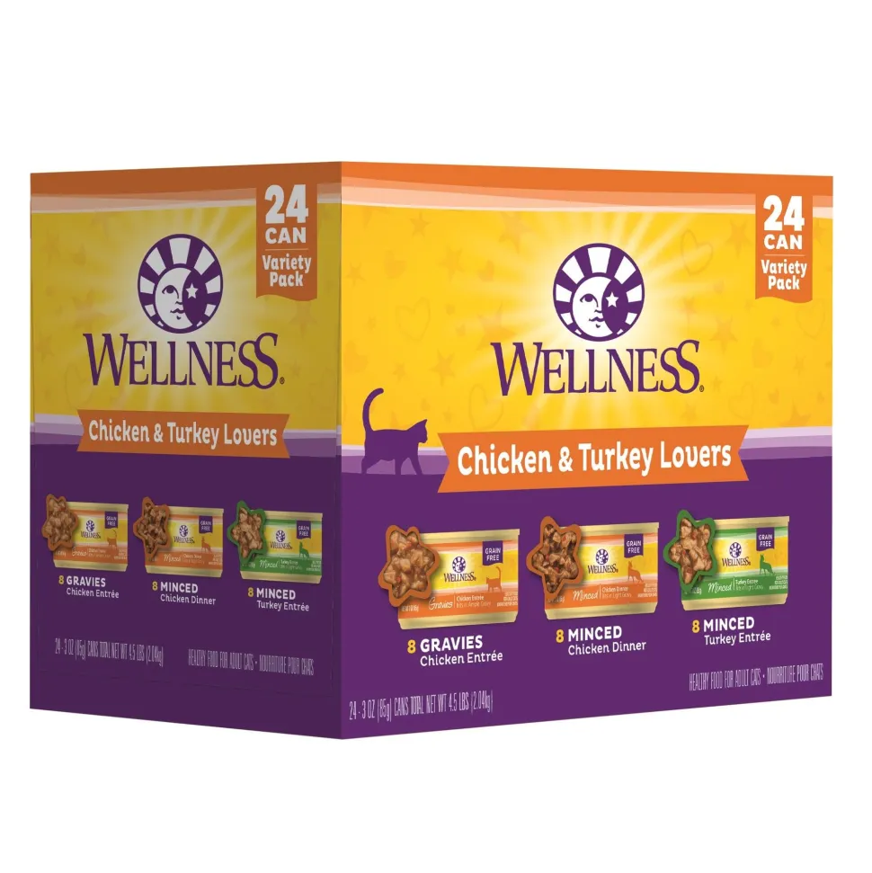 Wellness Complete Health Chicken and Turkey Lovers Minced and Gravy Canned Cat Food - Variety Pack - 3 Oz - Case of 12 - 2 Pack