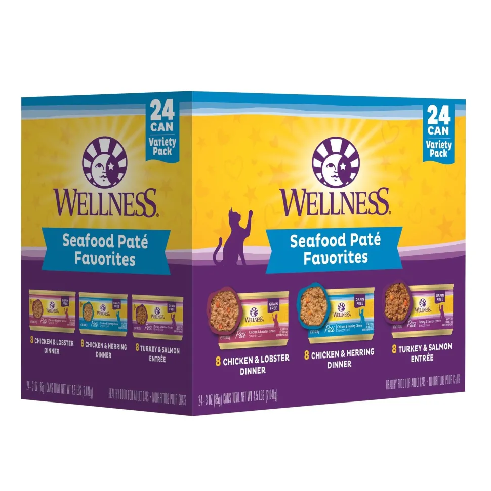 Wellness Complete Health Seafood Pate Favorites Chicken Lobster Herring Salmon and Turkey Canned Cat Food - Variety Pack - 3 Oz - Case of 12 - 2 Pack