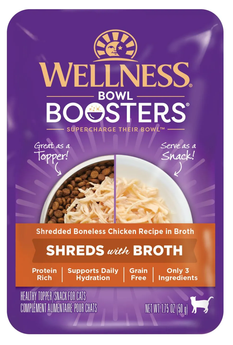 Wellness Core Bowl Boosters Grain-Free Shredded Chicken in Broth Wet Cat Food Topper Pouch - 1.75 Oz - Case of 12