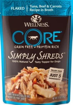 Wellness Core Bowl Boosters Simply Shreds Grain-Free Flaked Tuna Beef and Carrots Wet Dog Food Topper Pouch - 2.8 Oz - Case of 12