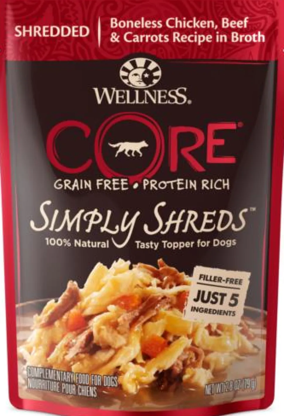 Wellness Core Bowl Boosters Simply Shreds Grain-Free Boneless Chicken Beef and Carrots Wet Dog Food Topper Pouch - 2.8 Oz - Case of 12