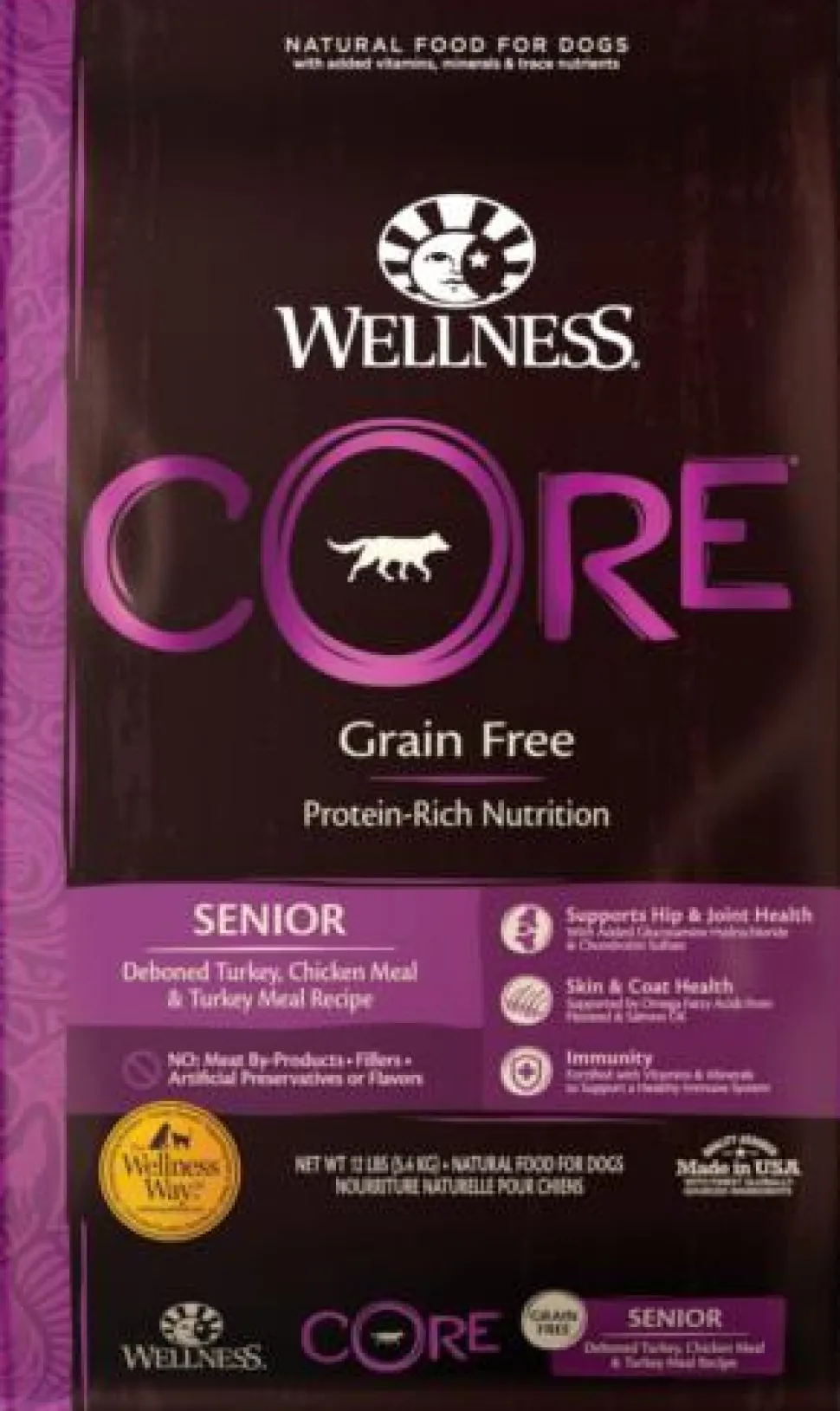 Wellness Core Grain-Free High-Protein Deboned Turkey and Chicken Senior Dog Adult Dry Dog Food - 12 Lbs