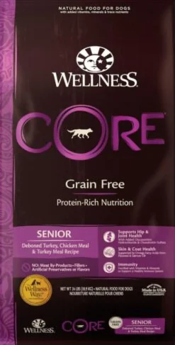 Wellness Core Grain-Free High-Protein Deboned Turkey and Chicken Senior Dog Adult Dry Dog Food - 24 Lbs