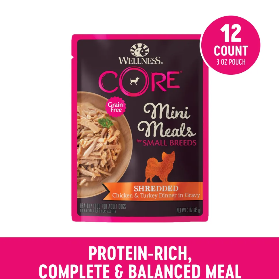Wellness Core Mini Meals Grain-Free Shredded Chicken and Turkey in Gravy Entrée Small Breed Adult Wet Dog Food Pouch - 3 Oz - Case of 12
