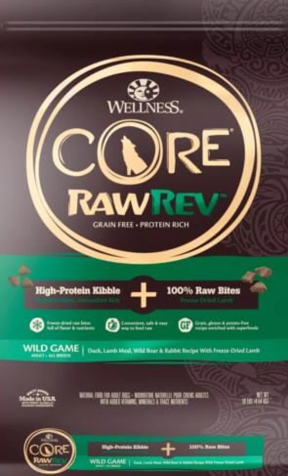Wellness CORE RawRev Natural Grain Free Wild Game Duck, Lamb, Wild Boar & Rabbit with Freeze Dried Lamb Dry Dog Food
