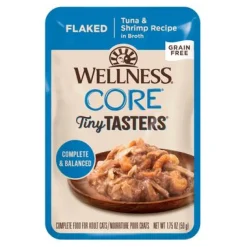 Wellness Core Tiny Tasters Grain-Free Flaked Tuna and Shrimp in Broth Wet Cat Food Pouch - 1.75 Oz - Case of 12