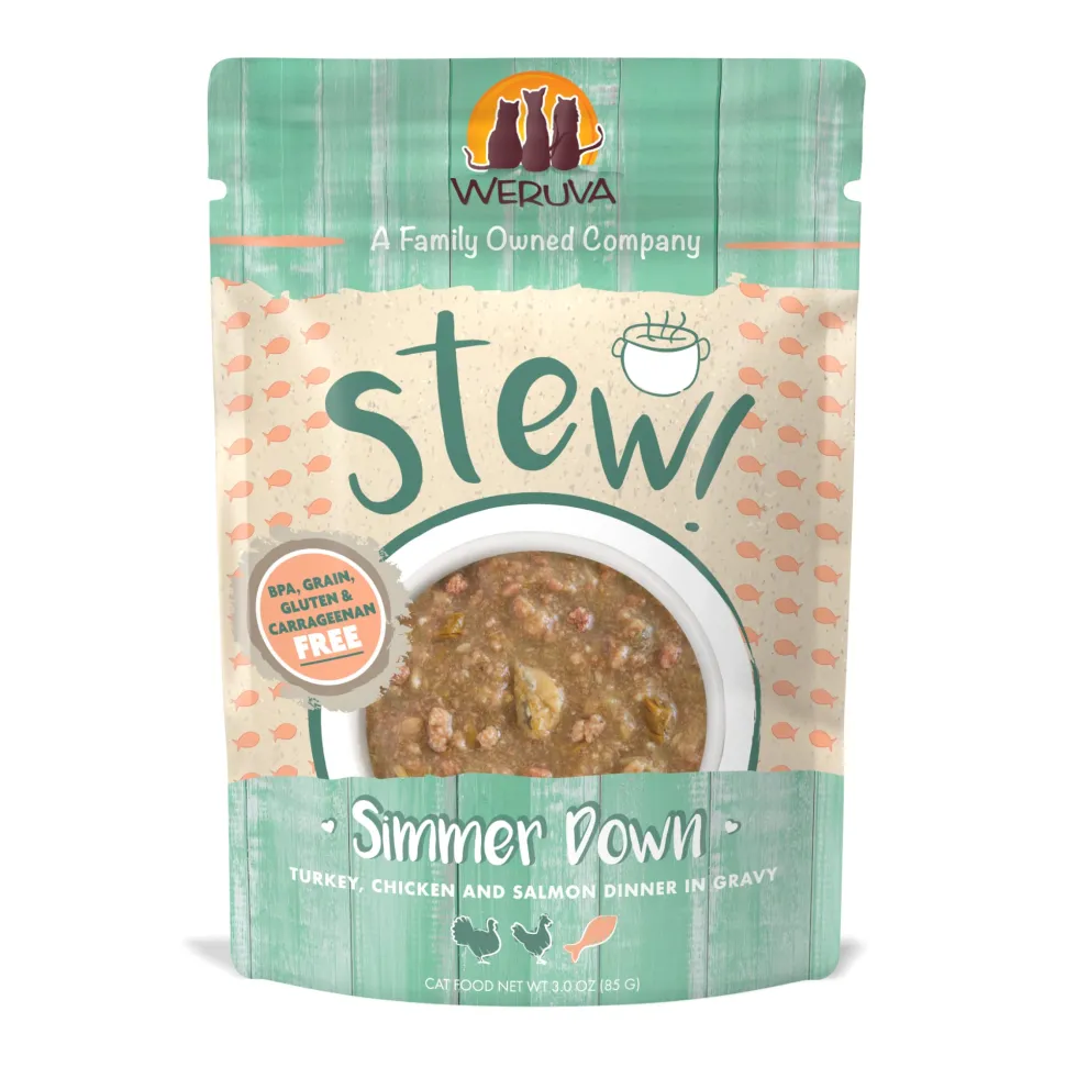 Weruva Cat Stew Simmer Dowbn Turkey Chicken and Salmon Wet Cat Food - 3 Oz Pouch - Case of 12