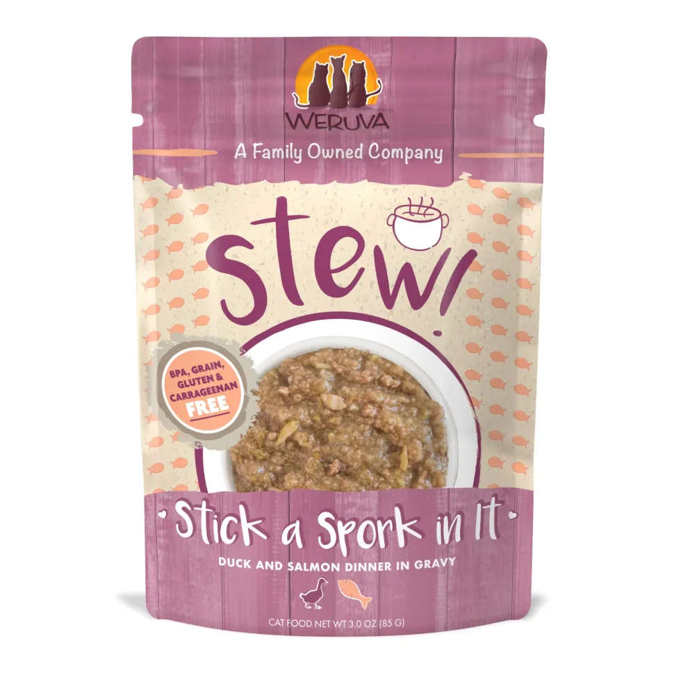 Weruva Cat Stew Stick-a-Spork-in-it Duck and Salmon Wet Cat Food - 3 Oz Pouch - Case of 12