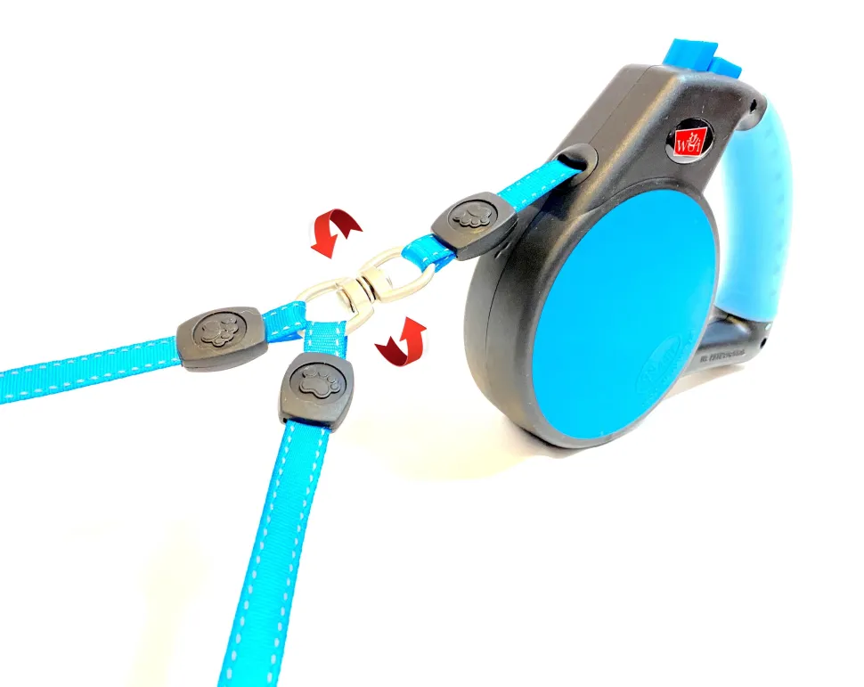 Wigzi Dual-Dog Waking Retractable Easy Lock Gel Handle Auto Untangle Dog Leash with Coupler - Blue - All Sizes - Up to 18 Feet