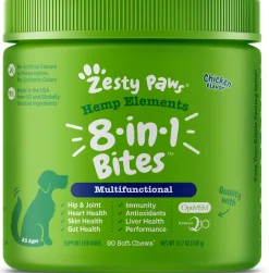 Zesty Paws Hemp Elements 8-in-1 Multifunctional Bites Chicken Flavor Soft Chew Dog Supplements - 90 Count
