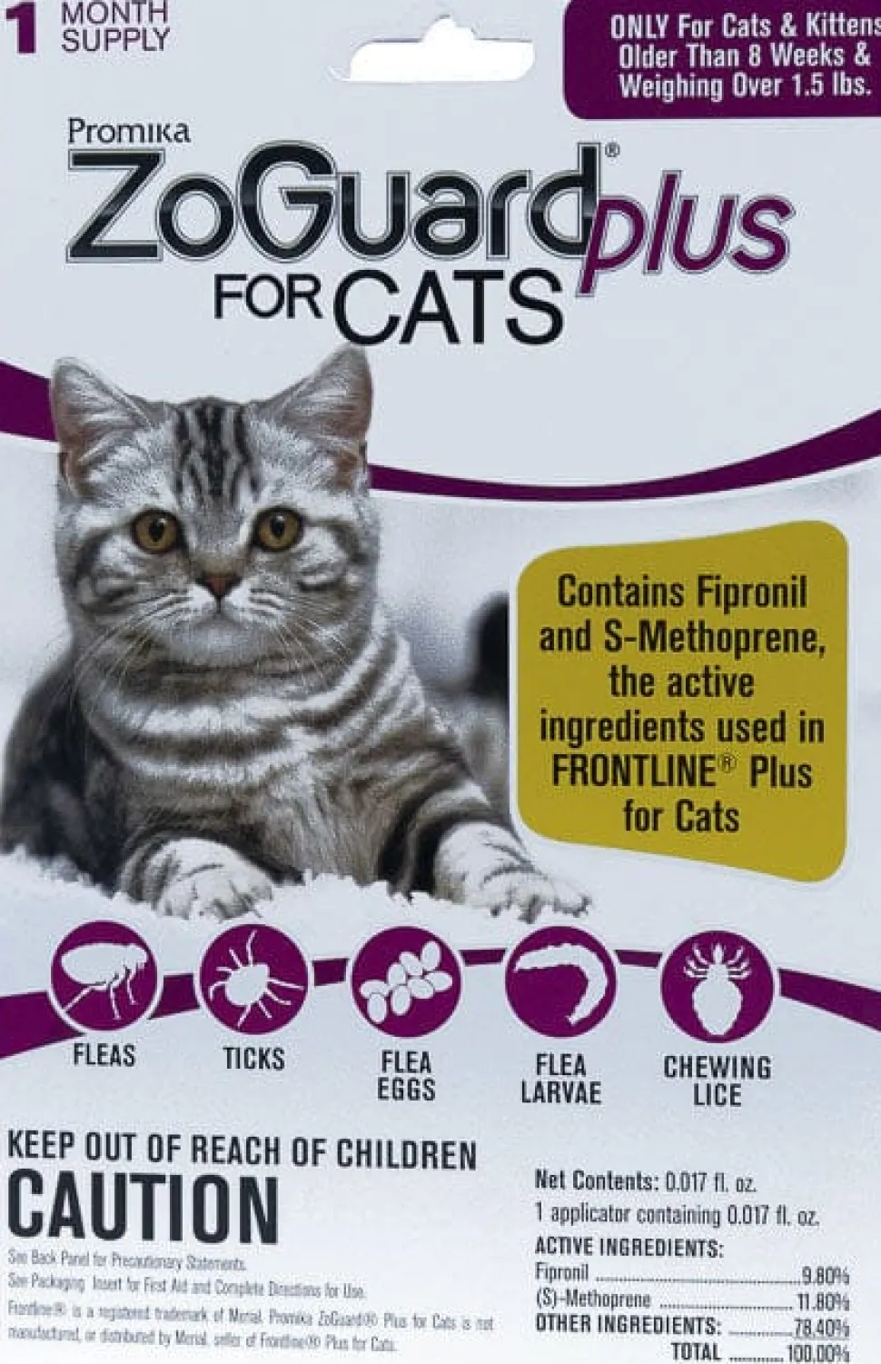 Zoguard Plus Spot-On Topical Flea and Tick Singles for Cats - Under 1.5 Lbs - 1 Pack
